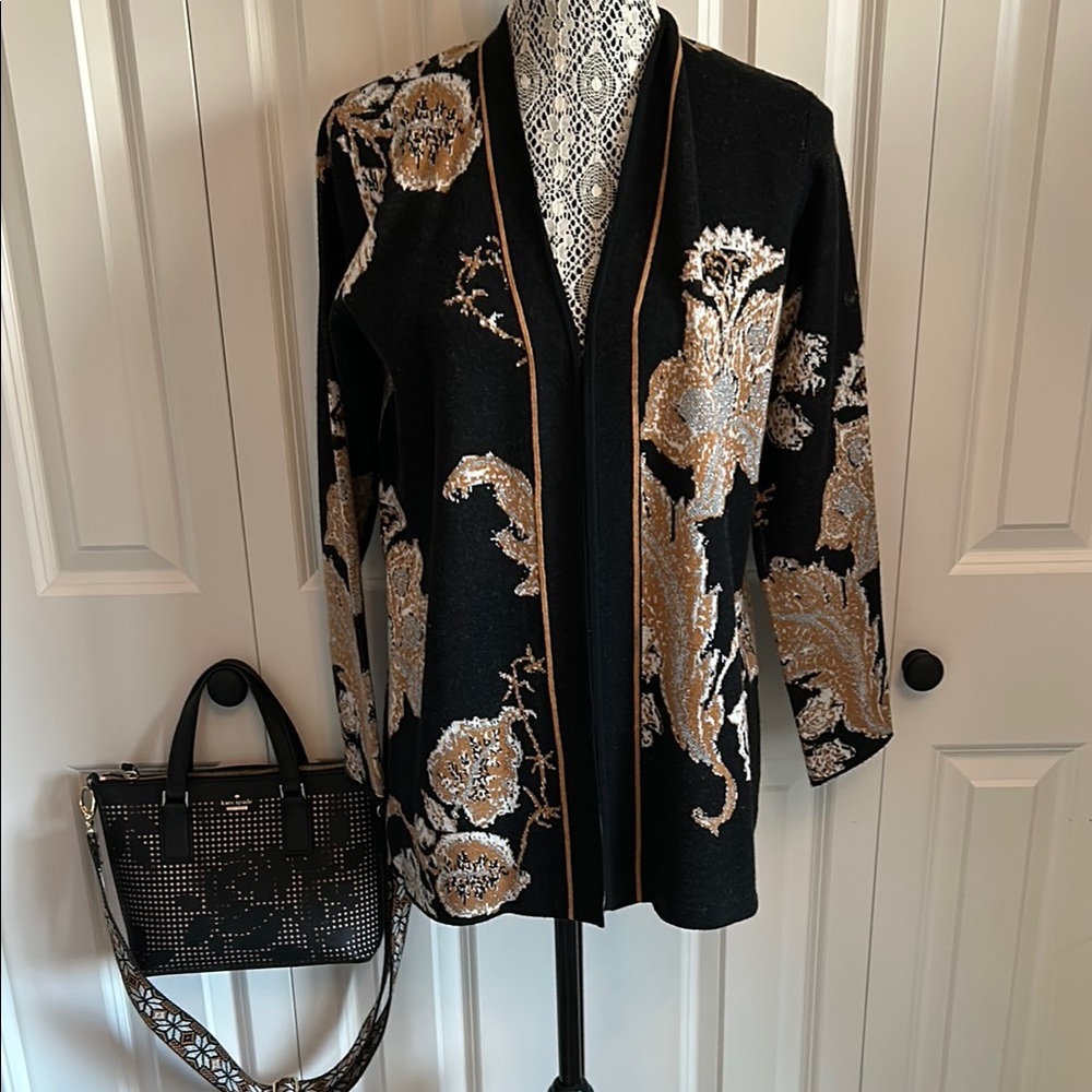 Black and Gold Floral Cardigan with open front